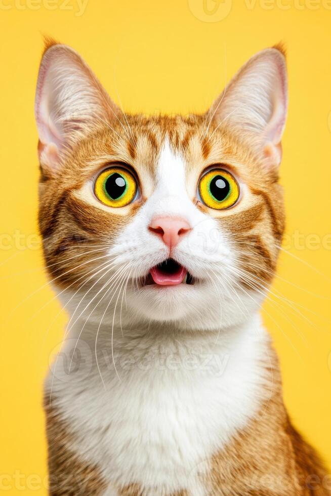 Cat displays a digital surprise expression in vibrant backdrop, perfect for online humor and social media sharing photo