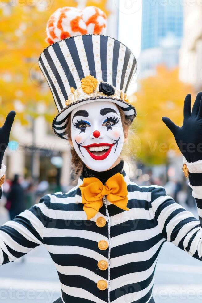 Joyful mime artist entertains city crowd with funny faces and classic black and white outfit during autumn daytime performance photo
