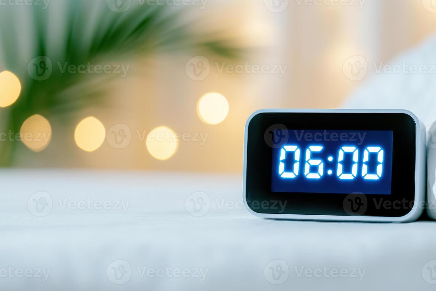 Close-up view of bedside digital alarm clock displaying six oclock in a soft morning atmosphere with blurred background photo