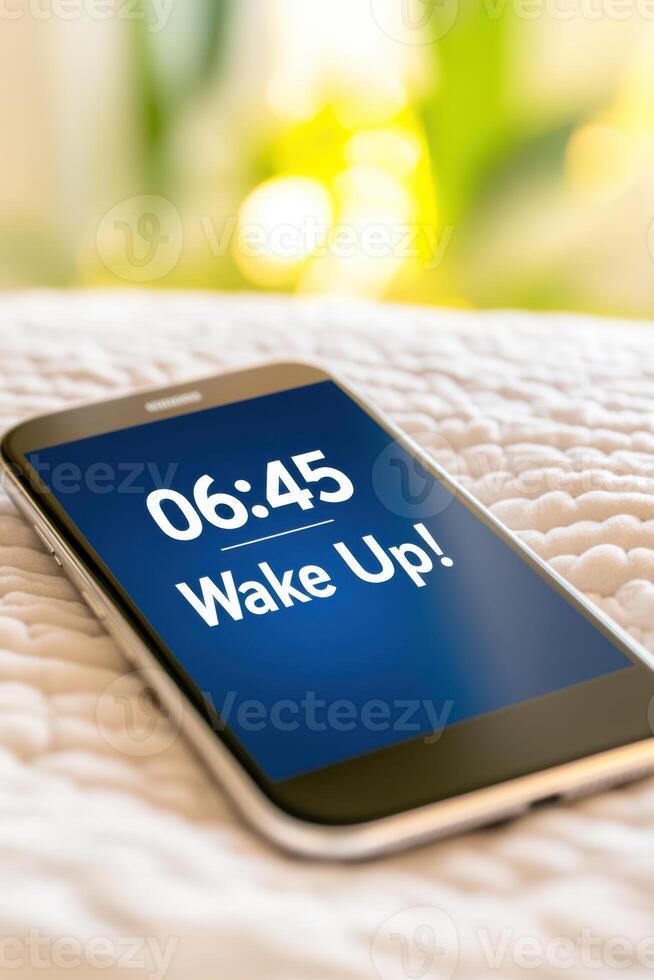Morning alarm on smartphone displaying wake up notification at 0645 with snooze and dismiss options on cozy bed photo