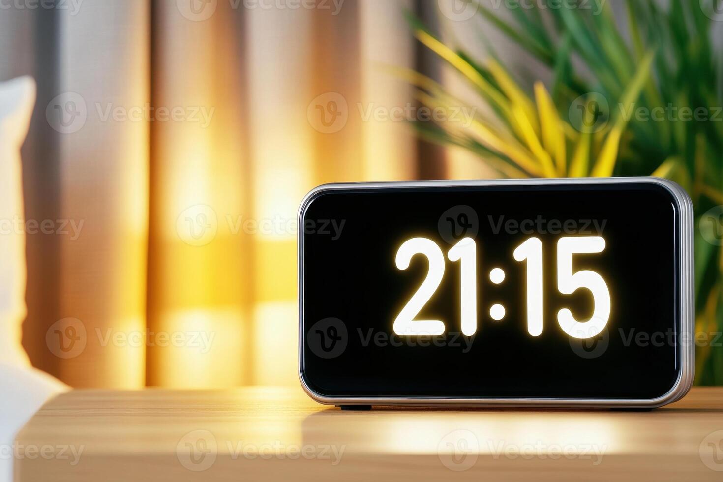 Smart home digital clock displays time in modern bedroom with soft ambient lighting and voice assistant feature photo