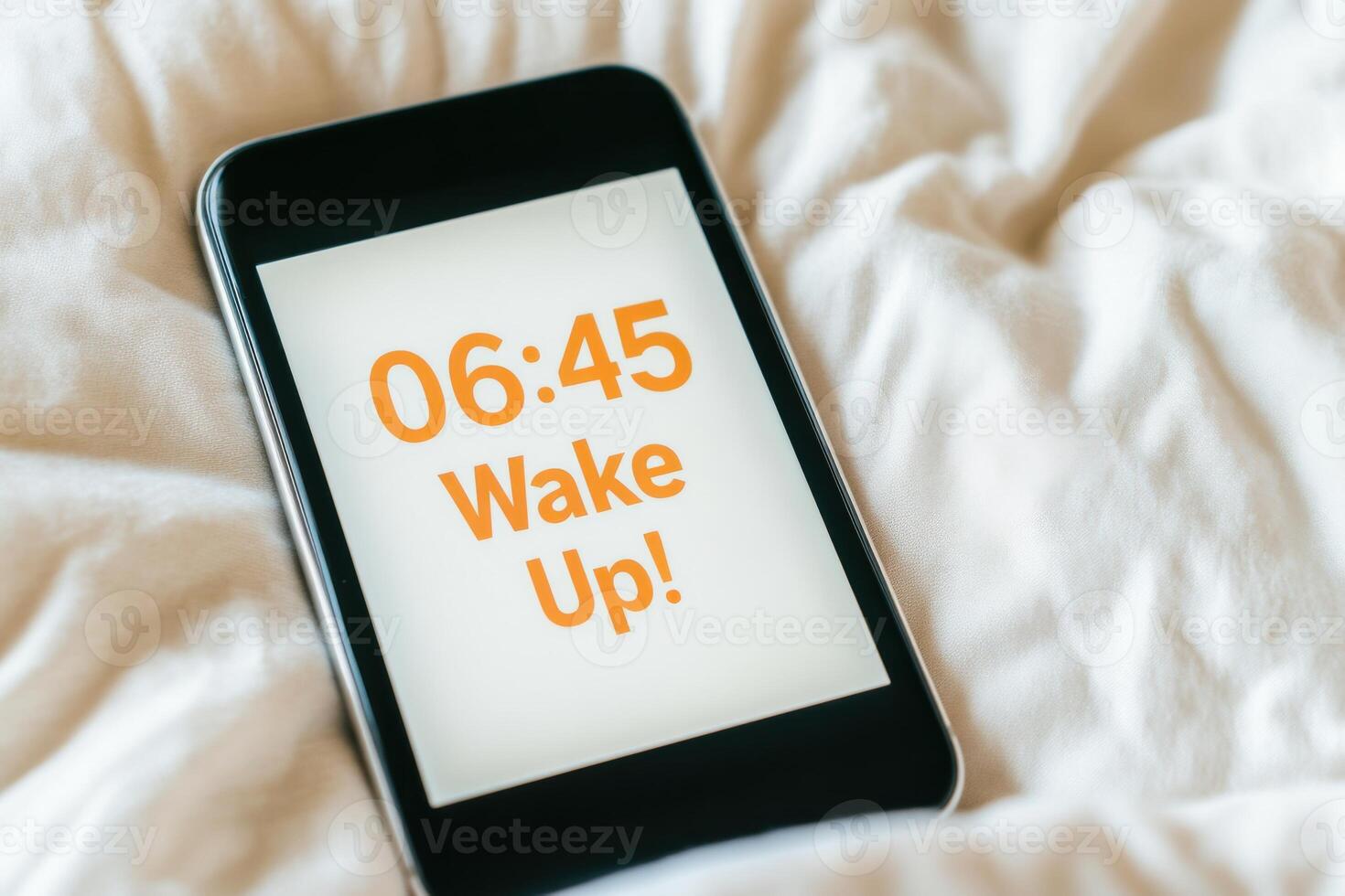 Smartphone alarm clock displaying 0645 wake up reminder on soft bed with gentle morning light photo
