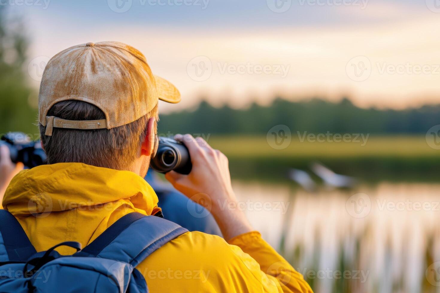 Birdwatchers observe migratory birds at golden hour near a calm lake in a serene natural setting photo
