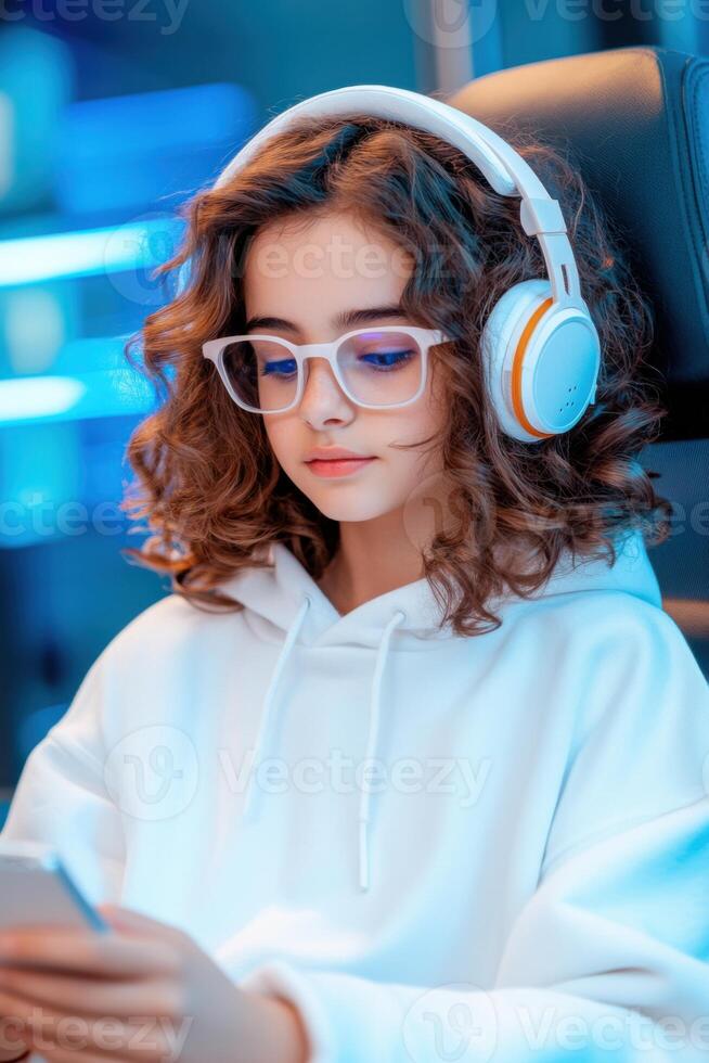 Teenager engaged in live streaming and interacting with online audience in a vibrant digital setting photo