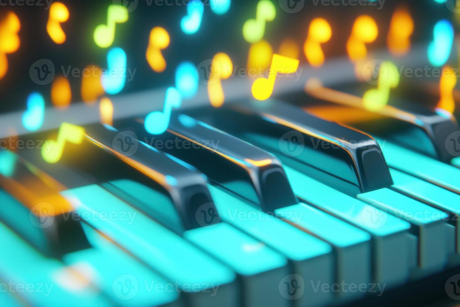 Surreal floating piano with colorful glowing keys creates a magical atmosphere surrounded by vibrant musical notes in a dreamy fantasy world photo