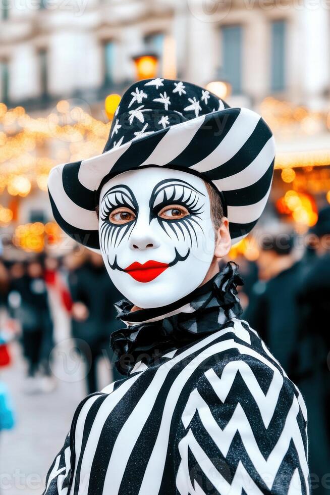 Joyful mime artist entertains city crowd with funny faces and playful gestures in a lively urban street setting photo