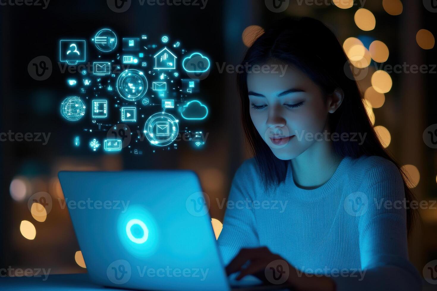 Young woman engages with futuristic technology while using laptop, exploring social media and digital connectivity in a vibrant ambiance photo