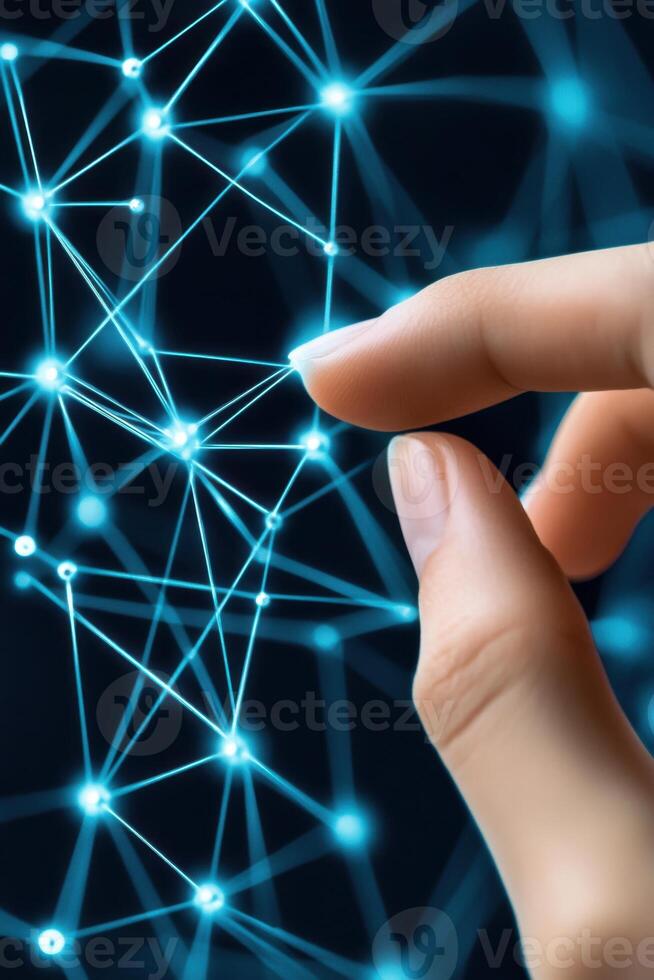 Hand touching a digital network showcasing online connectivity and data transfer in a futuristic environment with interconnected nodes photo