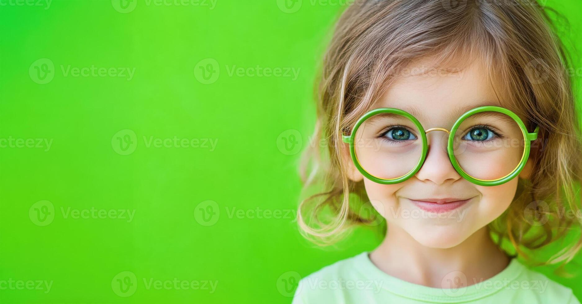 Child wearing oversized green glasses smiles with joy in front of a bright green background during a playful indoor moment photo
