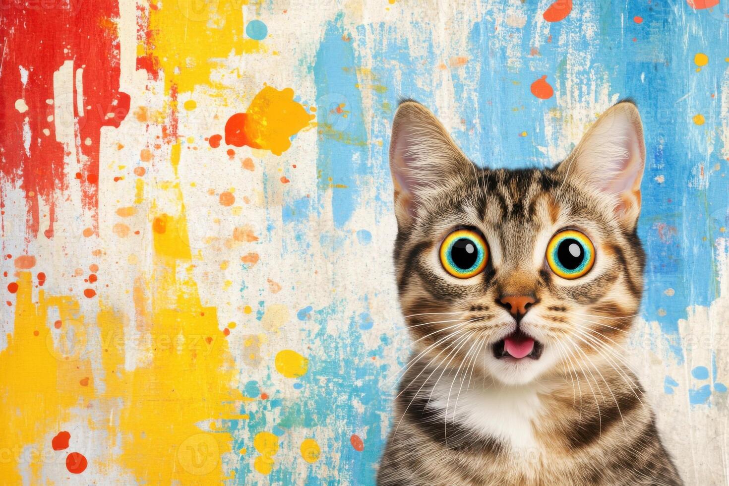 Surprised cat with vibrant background and meme-style expression perfect for social media jokes and illustrations photo