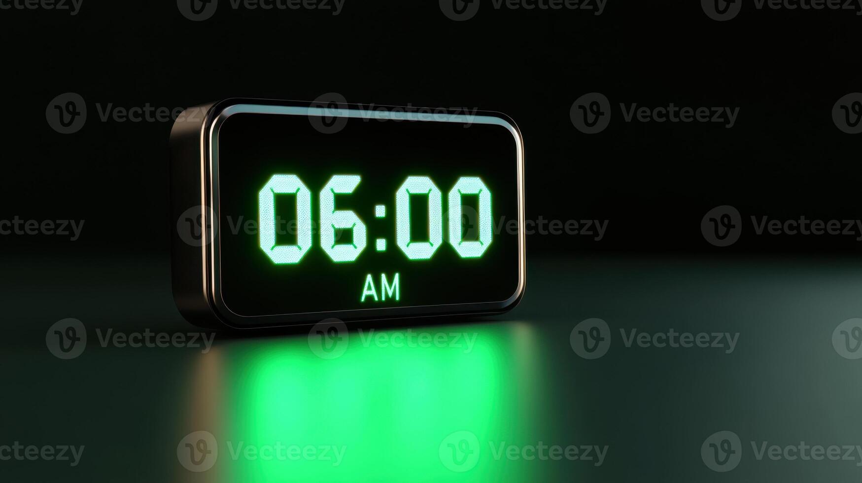 Sleek digital alarm clock displays bright neon green digits at 06.00 AM with polished black frame in a modern setting photo