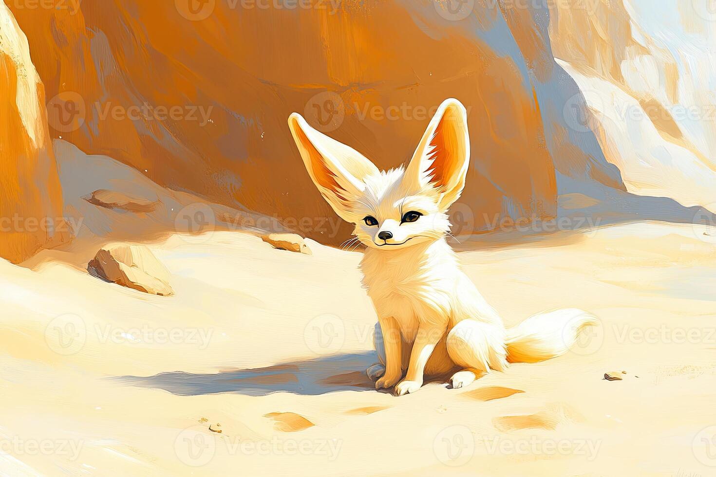Fennec fox exploring warm terracotta sands in a desert landscape with curious expressions and oversized ears photo