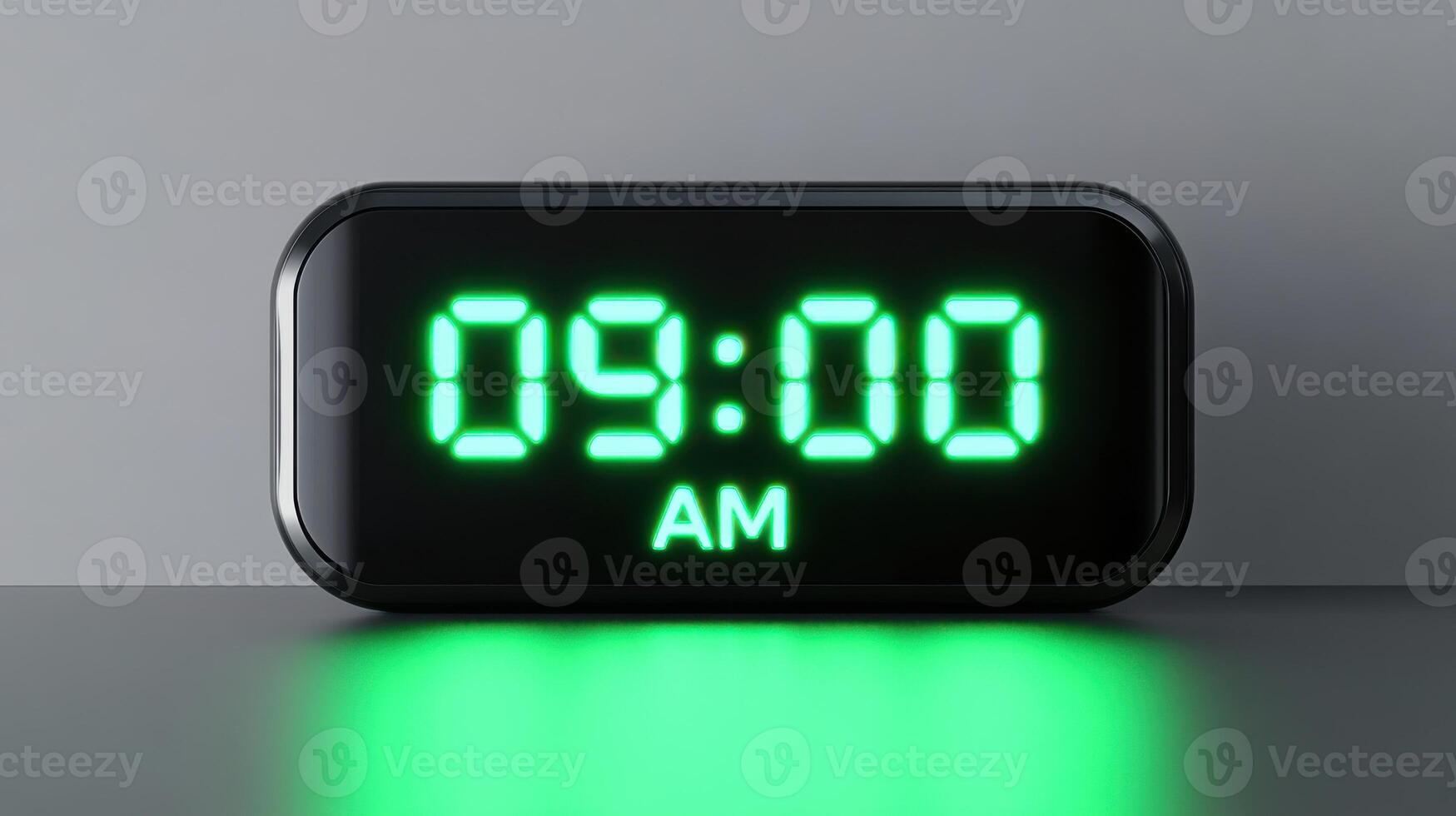 Sleek digital alarm clock displays 09.00 AM in bright neon green light from a low angle, enhancing modern decor with its minimalistic design photo
