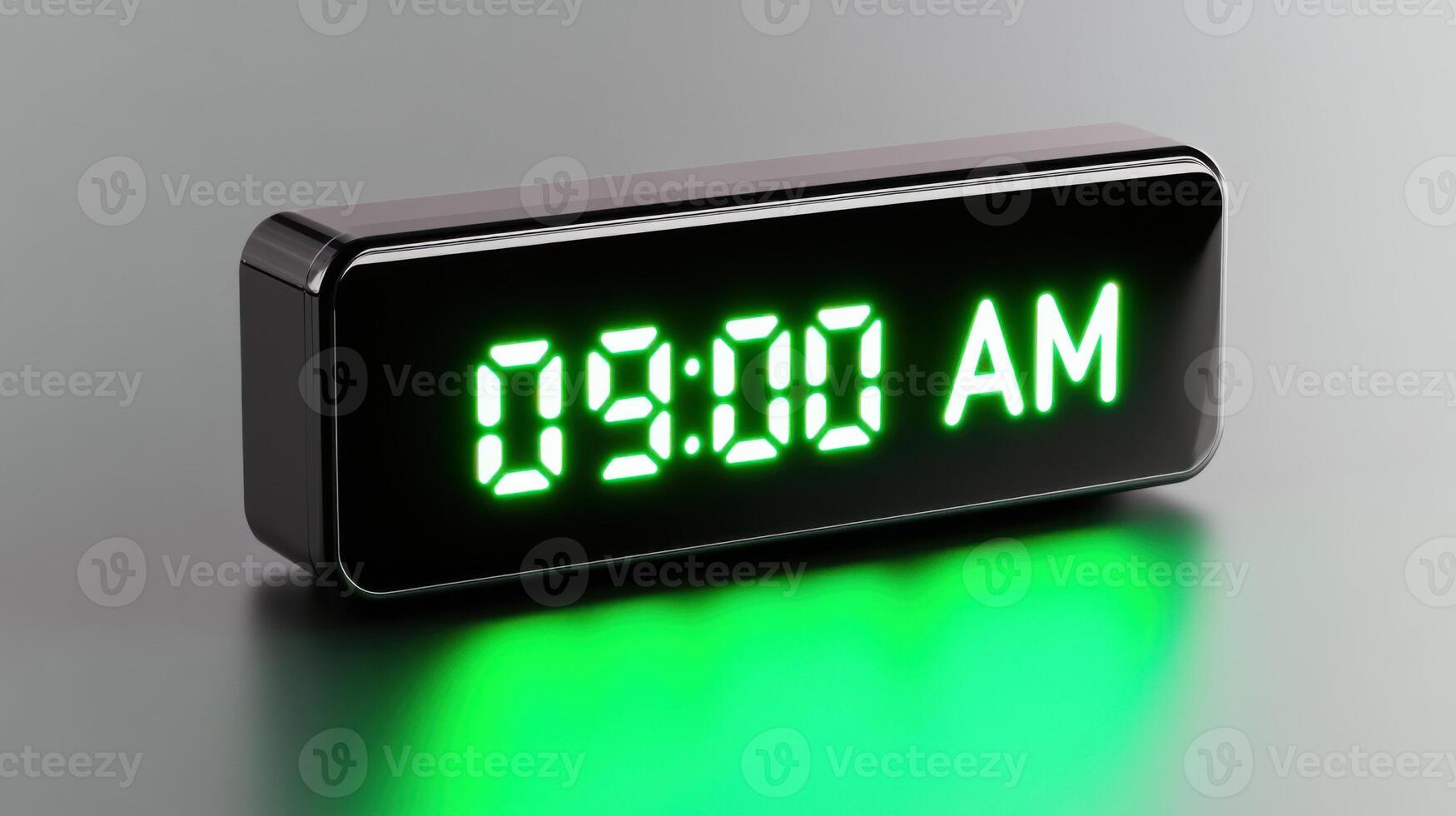 Sleek digital alarm clock displaying 09.00 AM with glowing neon green digits against a polished black background photo