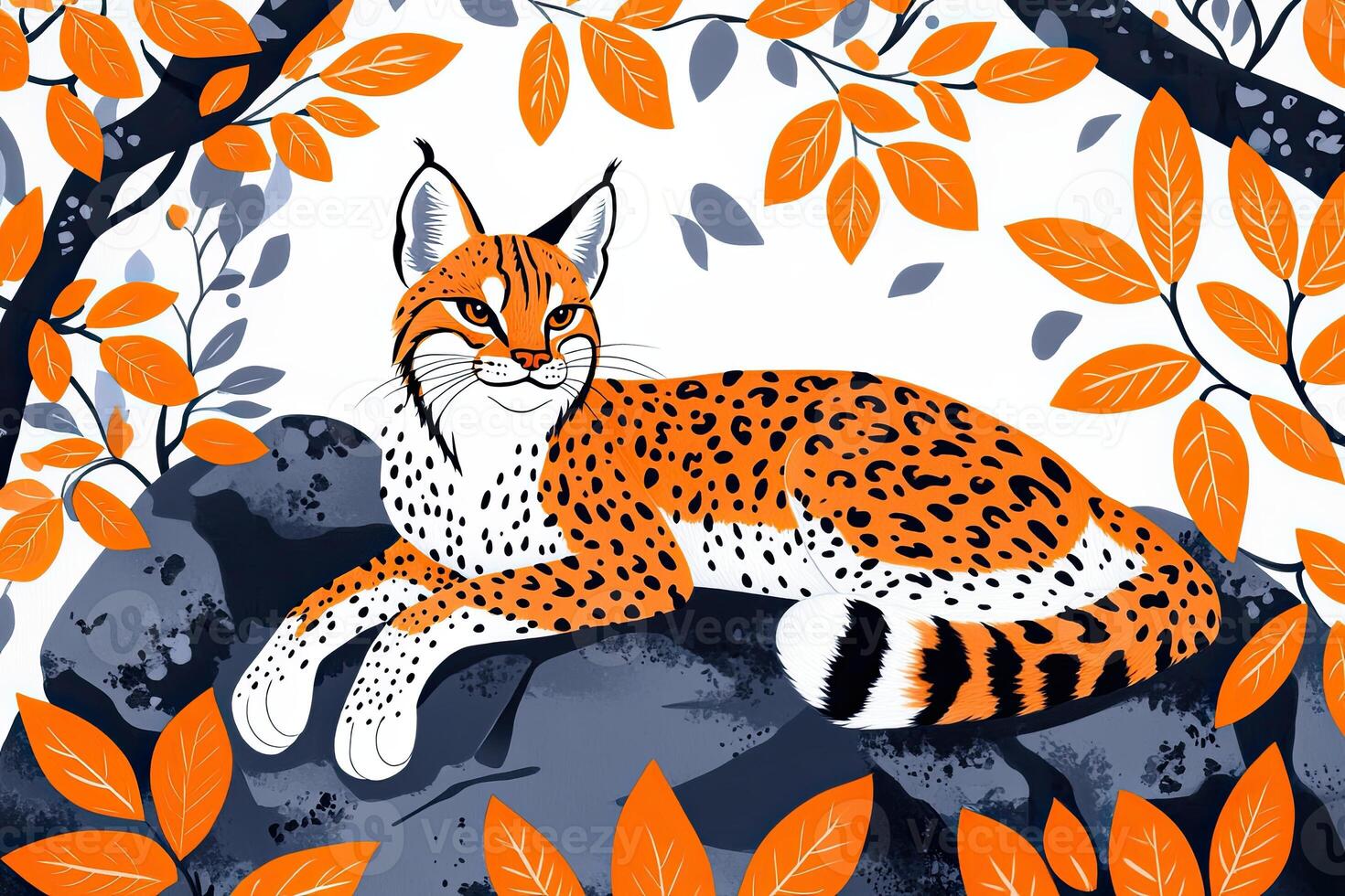 Lynx resting gracefully on a rock surrounded by terracotta leaves in an enchanting forest setting photo