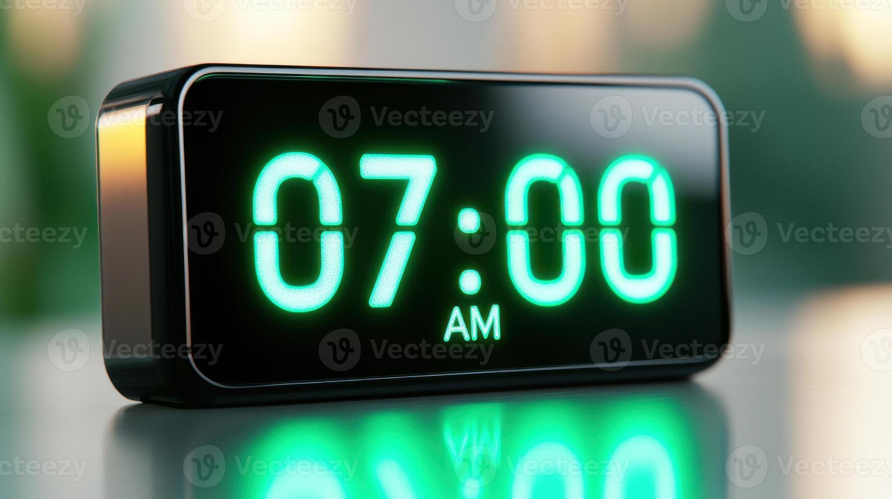 Sleek digital alarm clock displaying 07.00 AM with glowing neon green numbers and polished black frame in a modern setting photo