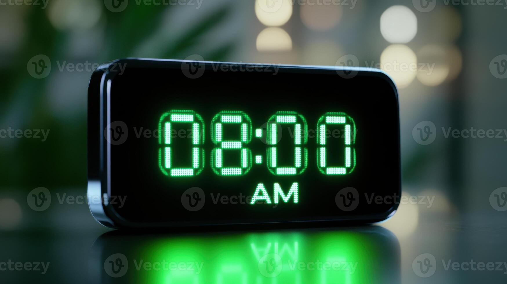 Sleek digital alarm clock displays 08.00 AM in vibrant green, viewed from a low angle on a polished surface in a modern environment photo