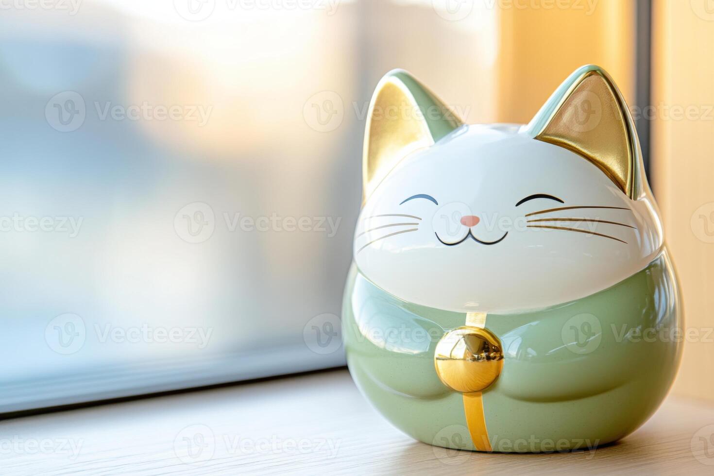 Cute ceramic cat figurine sitting by the window with a smile and a golden bell, adding charm to the indoor decor during daylight hours photo