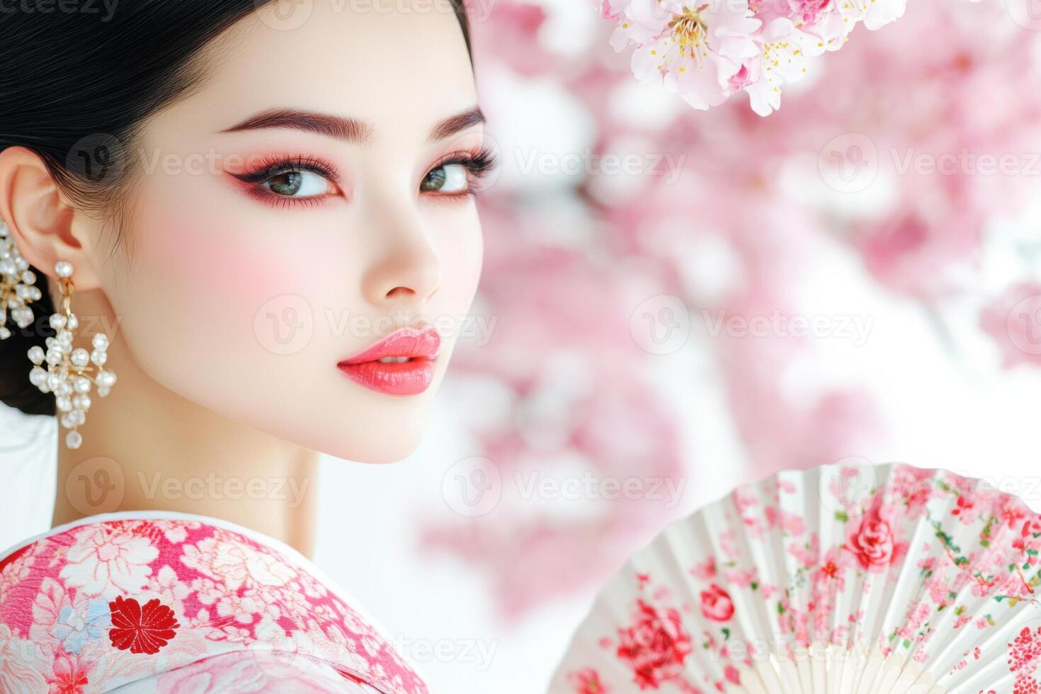 Elegant woman in traditional attire holding a fan surrounded by cherry blossoms in springtime, showcasing beauty and cultural heritage photo