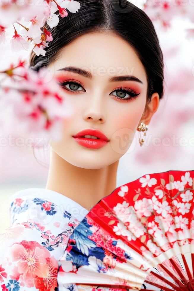 Beautiful model in traditional attire poses with a red fan amidst blossoming cherry trees during a sunny day in spring photo