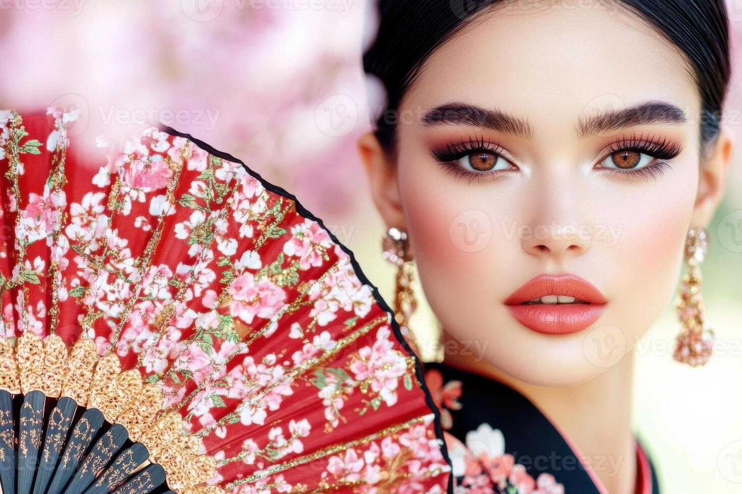 Elegant model showcasing traditional attire and fan under blooming cherry blossom trees in a serene garden setting photo