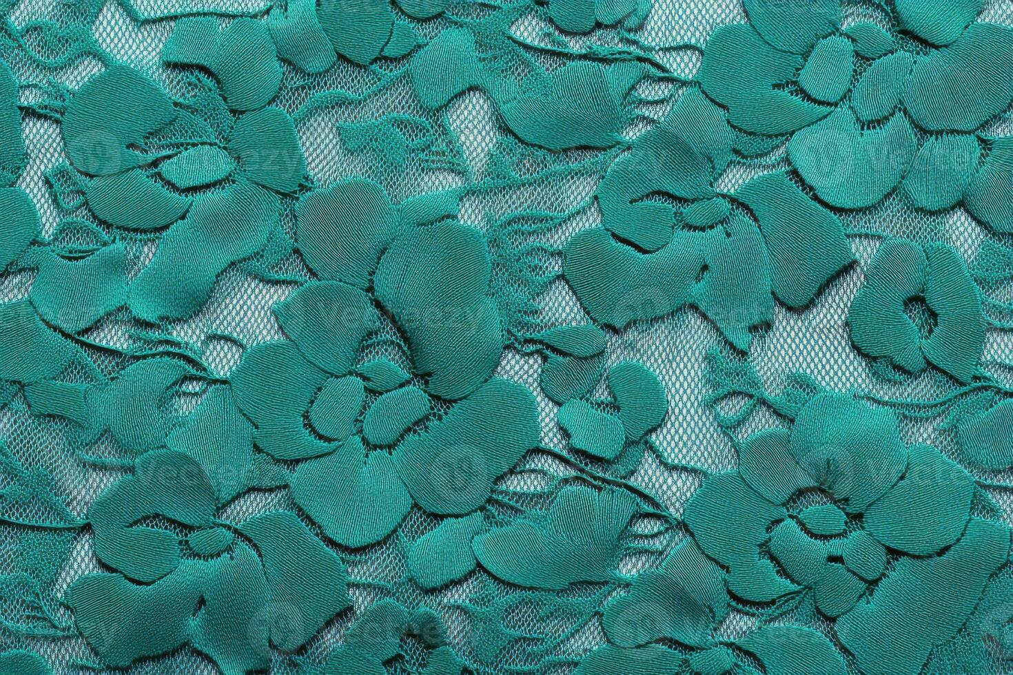 Detailed textile pattern featuring floral designs in a vibrant teal color on a delicate lace backdrop photo