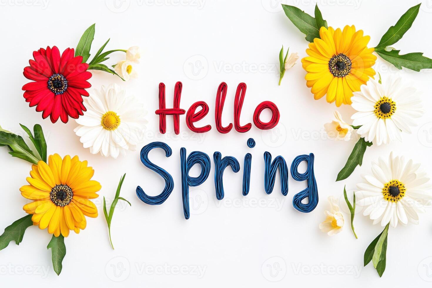 Colorful floral arrangement with yarn spelling hello spring that symbolizes the arrival of the spring season photo