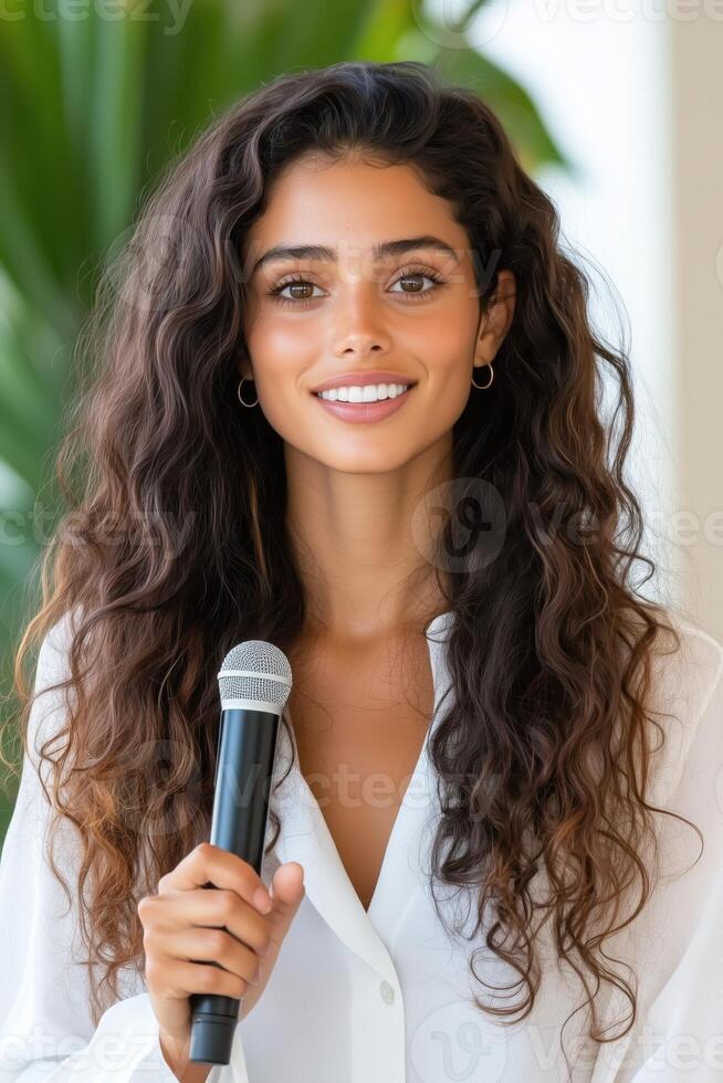 Dynamic keynote speaker engages audience with energy and passion during motivational event in a bright and inviting venue photo