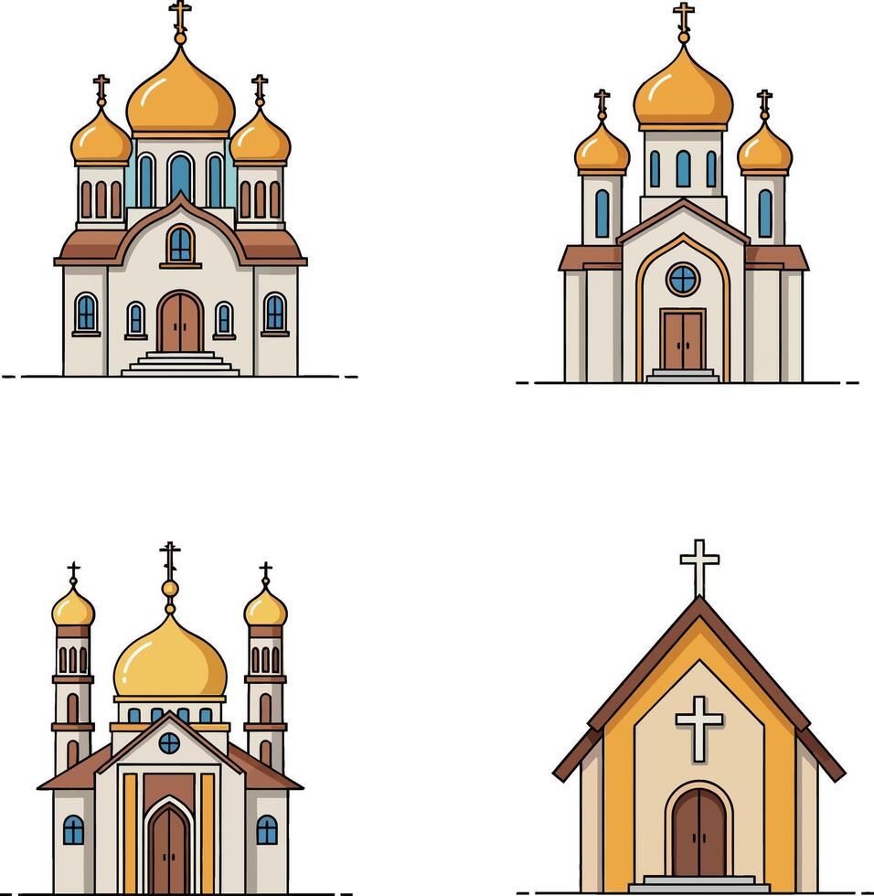 Four unique church designs in flat style with domes and crosses showcasing diverse architecture in illustration vector