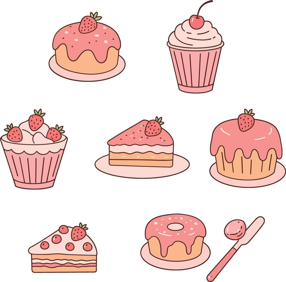 Delicious assortment of pink desserts including cakes, cupcakes, and pastries in a minimal illustration vector