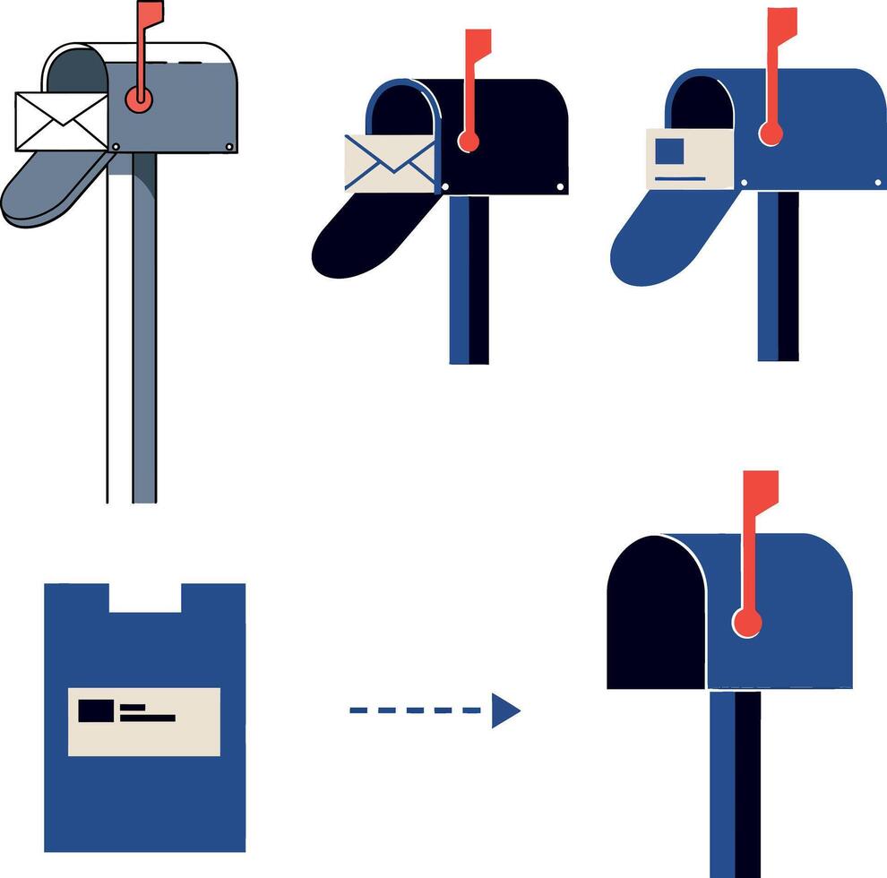 Mailbox design featuring multiple views in flat art style showcasing mail delivery process with outgoing messages vector