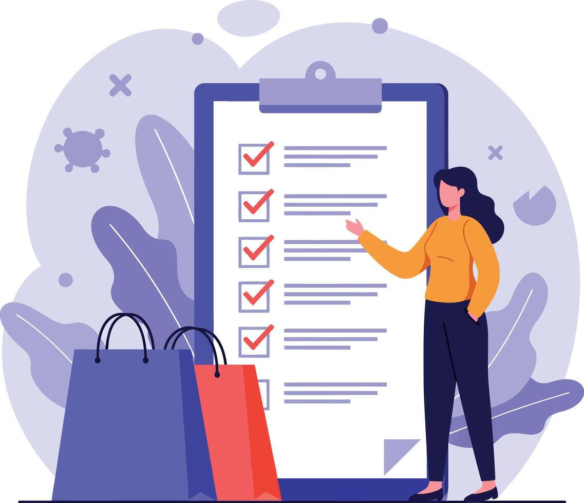Woman checking off items on a clipboard beside colorful shopping bags in flat art vector