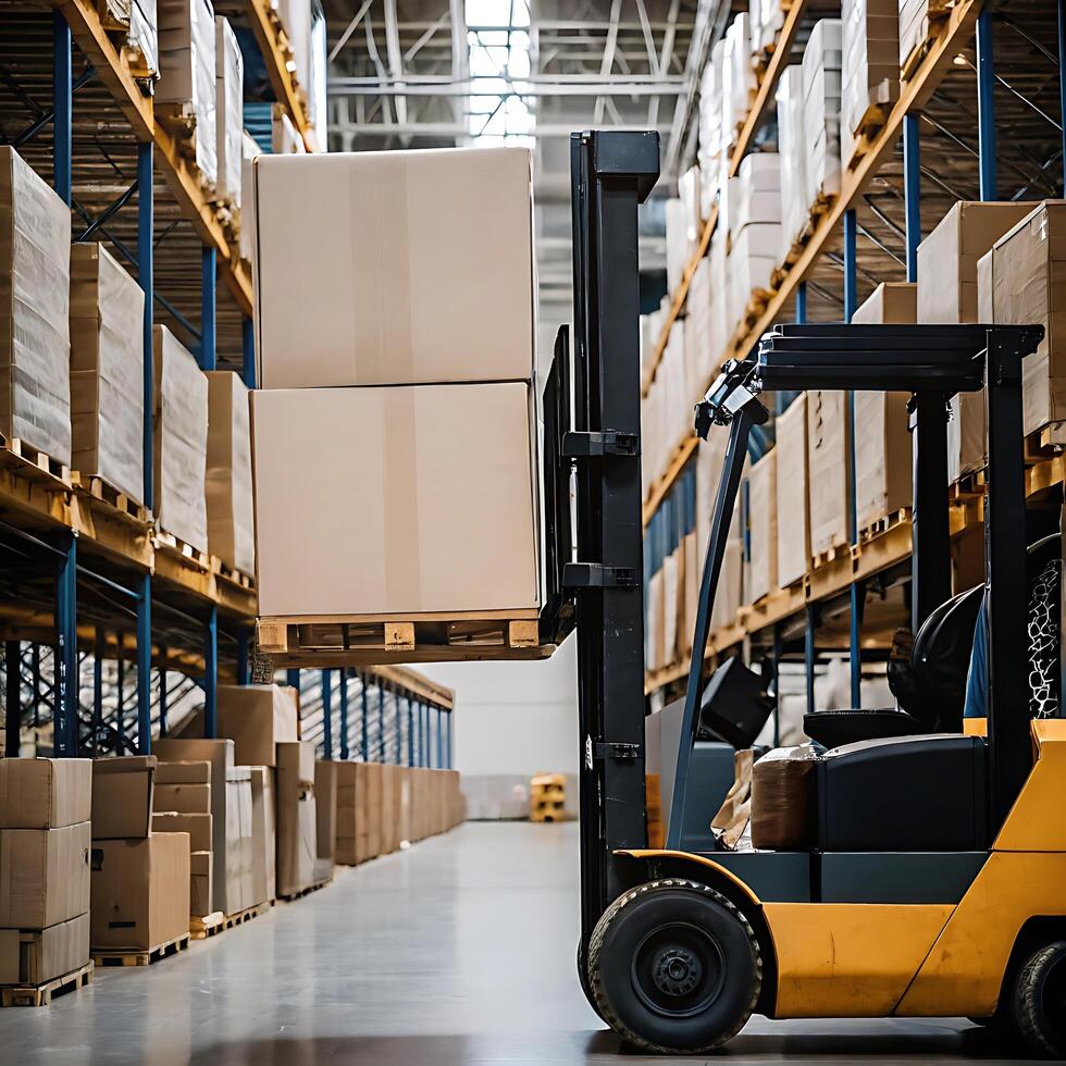 Forklift Loading Cardboard Boxes in a Modern Warehouse photo