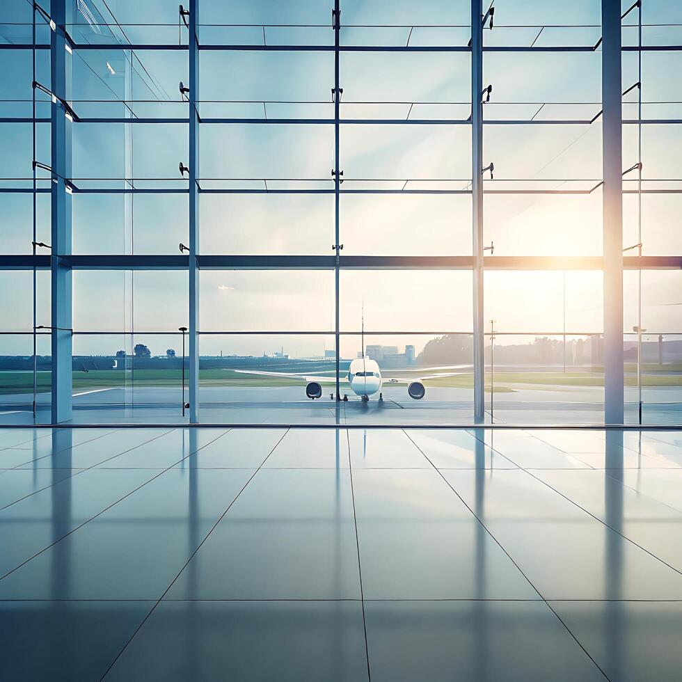 Modern Airport Terminal with Airplane on Runway photo
