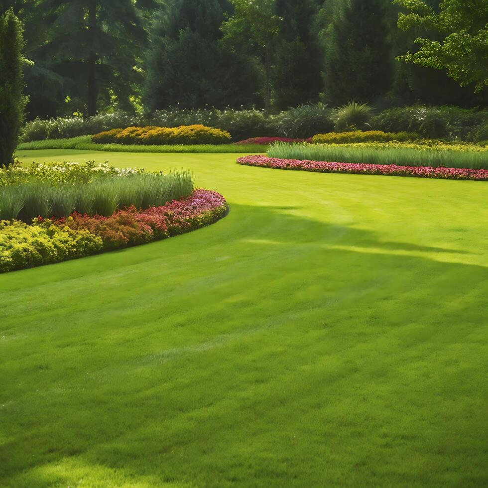 Lush, meticulously maintained garden with vibrant flowerbeds and manicured lawns photo