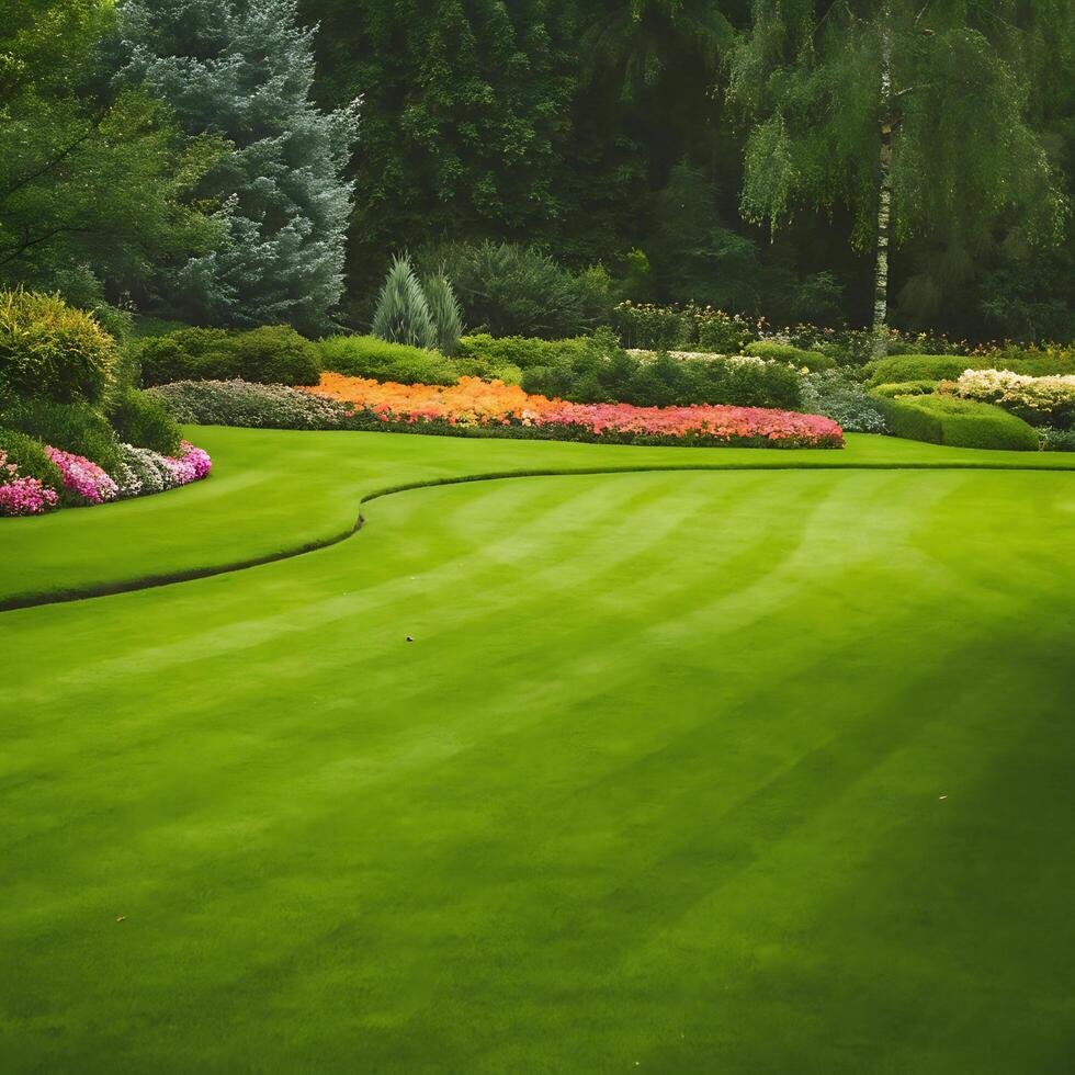 Lush, WellMaintained Lawn with Vibrant Floral Border photo