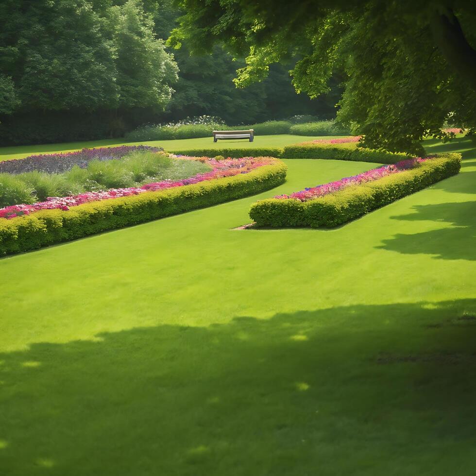 Lush Garden with Colorful Flowerbeds and Trimmed Hedges photo