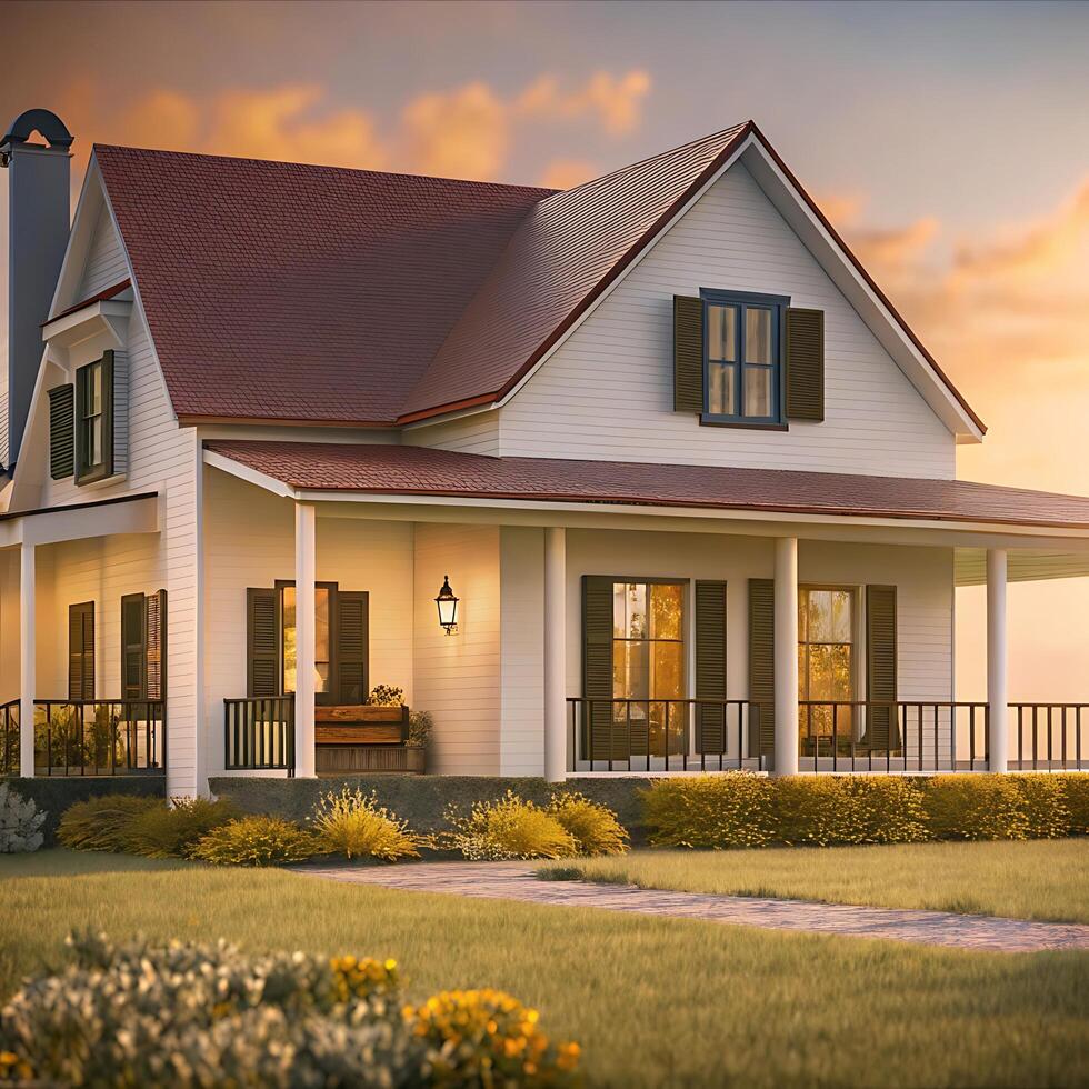 Charming Farmhouse with a Rustic Red Roof at Sunset photo