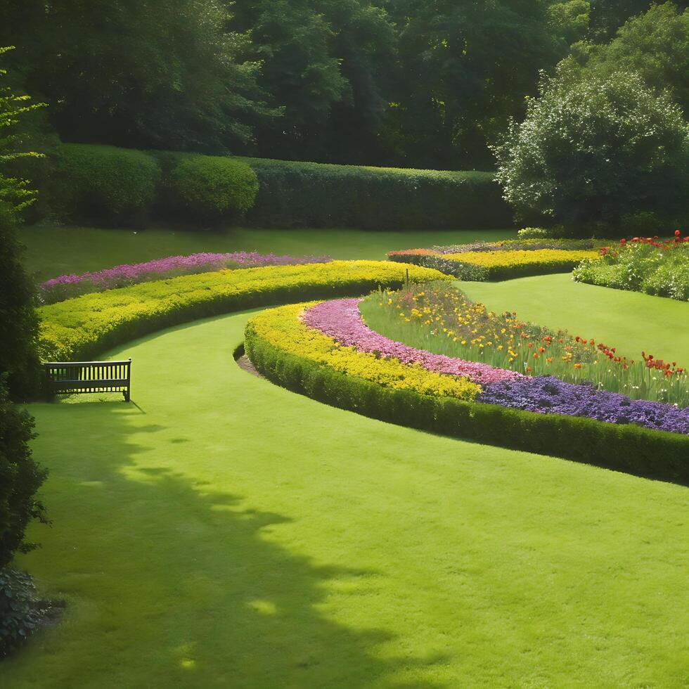 A meticulously landscaped garden with colorful flowerbeds and hedges photo