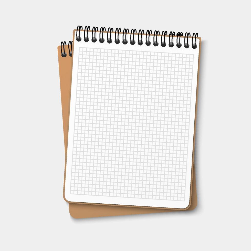 Checkered notebook with a horizontal spring coil lies on top of another notebook. Notepad in a cage grid with a white sheet. illustration isolated on white background vector