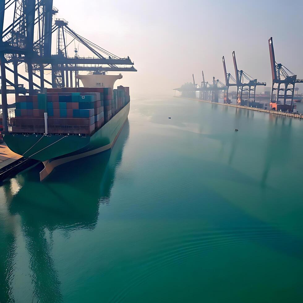 Large cargo ship docked at a busy port. photo