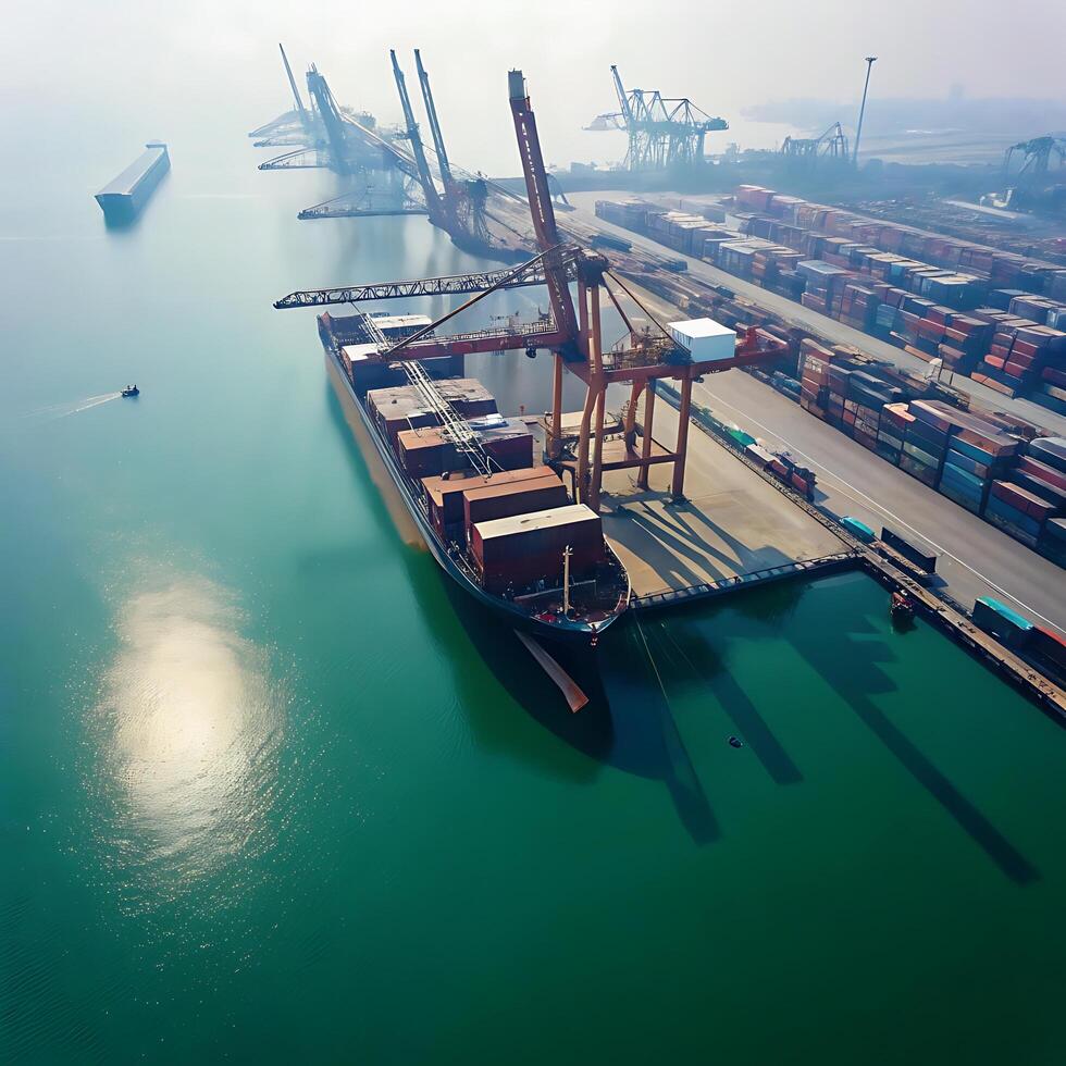 An aerial view of a large container ship in the water photo