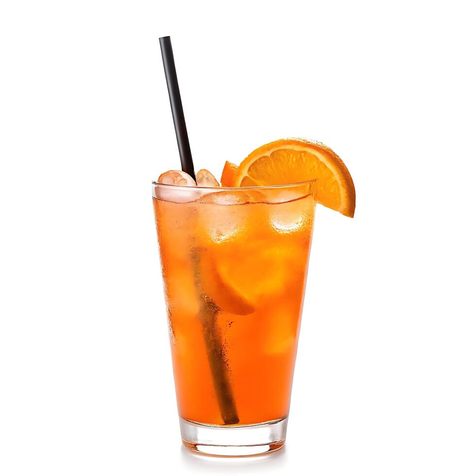 An orange drink with a straw and ice photo