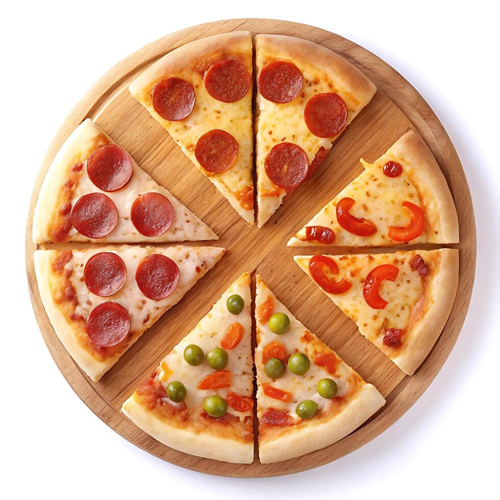 A pizza with pepperoni, green peppers, and olives photo