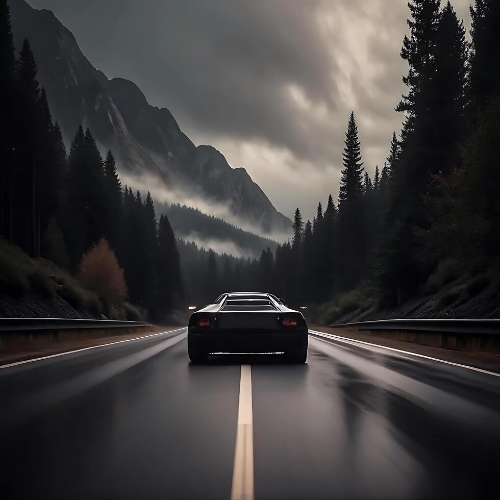 A dark sports car drives on a wet mountain road through a forest of tall evergreen trees under a cloudy sky photo