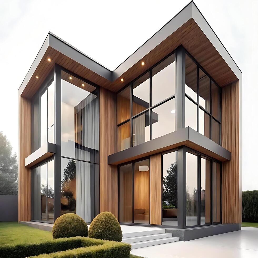 Modern Luxury Home with Expansive Glass Windows and Wood Accents photo