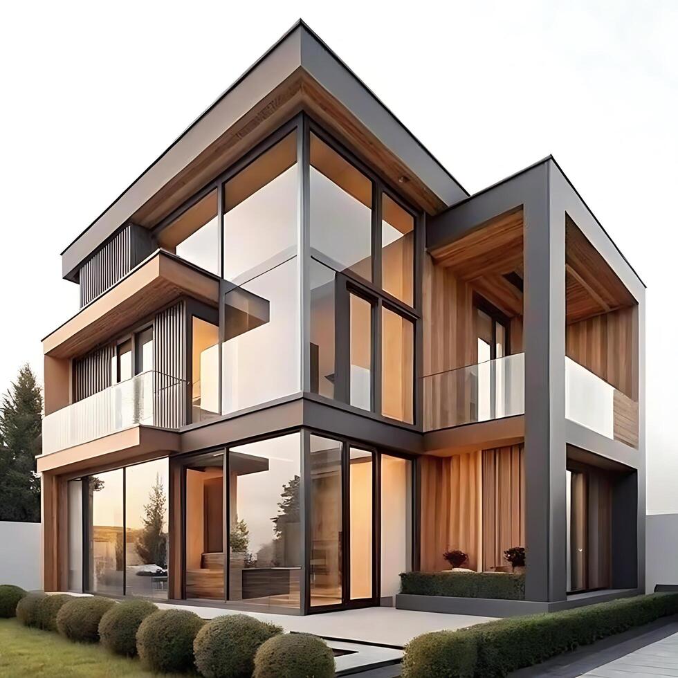 Stunning Modern Glass and Wood House Design with Expansive Windows and Balconies photo