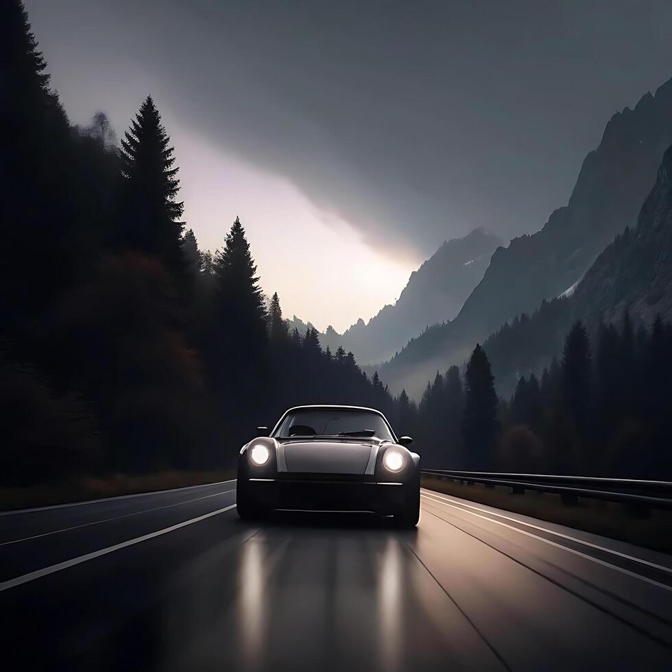 Dark Sports Car Driving Through Majestic Mountain Pass at Dusk photo