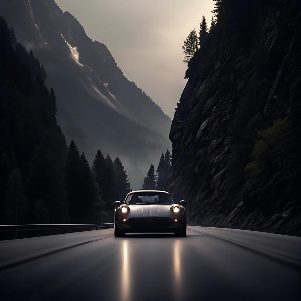 A sleek silver sports car drives through a dramatic mountain pass at dusk photo