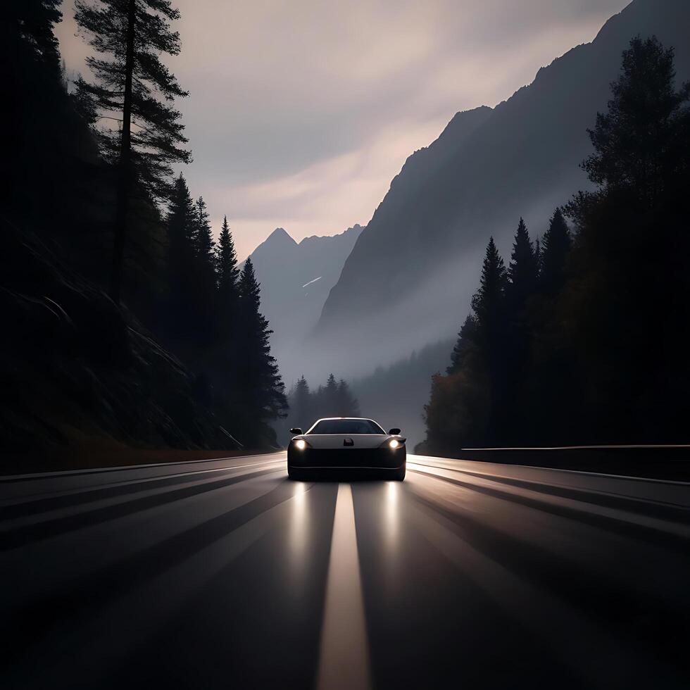 Dark Sports Car Driving Through Majestic Mountain Pass at Dawn photo